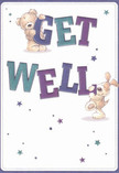 This get well card glows with the cheerful optimism found in a sunny corner of Tufnell Park-a charming teddy bear and an exuberant puppy leap forth from the scene, joyfully embracing the vivid, bold letters spelling out 'Get Well.' Their faces are alive with love and encouragement, coated in shades of cream and soft cocoa, their illustrated fur so plush and inviting it evokes the comfort of snuggling a favourite pet on a rainy day near Tufnell Park's bustling cafés. Vibrant strokes of indigo and teal animate the confident typography, giving the message a buoyant energy that stands out against a creamy, fresh background reminiscent of the lilies in spring bouquets from local shops. Dotted stars in gradient blues and purples twinkle across the card with a hint of wonder, infusing the composition with hope and lightness. The scene is more than just a message-it's an emotional embrace, a miniature celebration crafted with as much care as a handpicked bouquet. Perfect for sharing heartfelt comfort and gentle recovery wishes, this card would brighten any bedside in the community, offering both visual delight and genuine warmth.